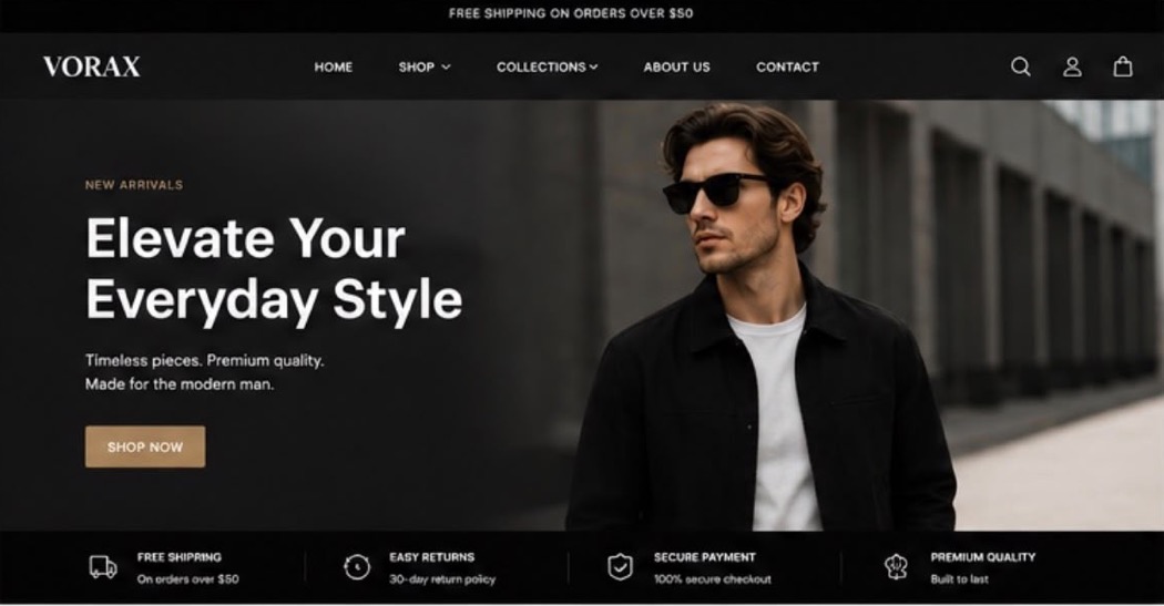 VORAX storefront: announcement bar, navigation with shop and collections menus, full-width hero with a New Arrivals headline and Shop Now button, and a trust bar covering shipping, returns, payment and quality
